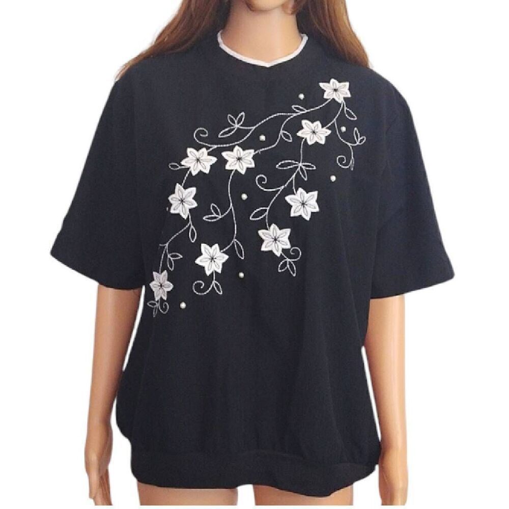 VTG 80s 90s Black White Floral Embroidered Grannycore Blouse Large‎